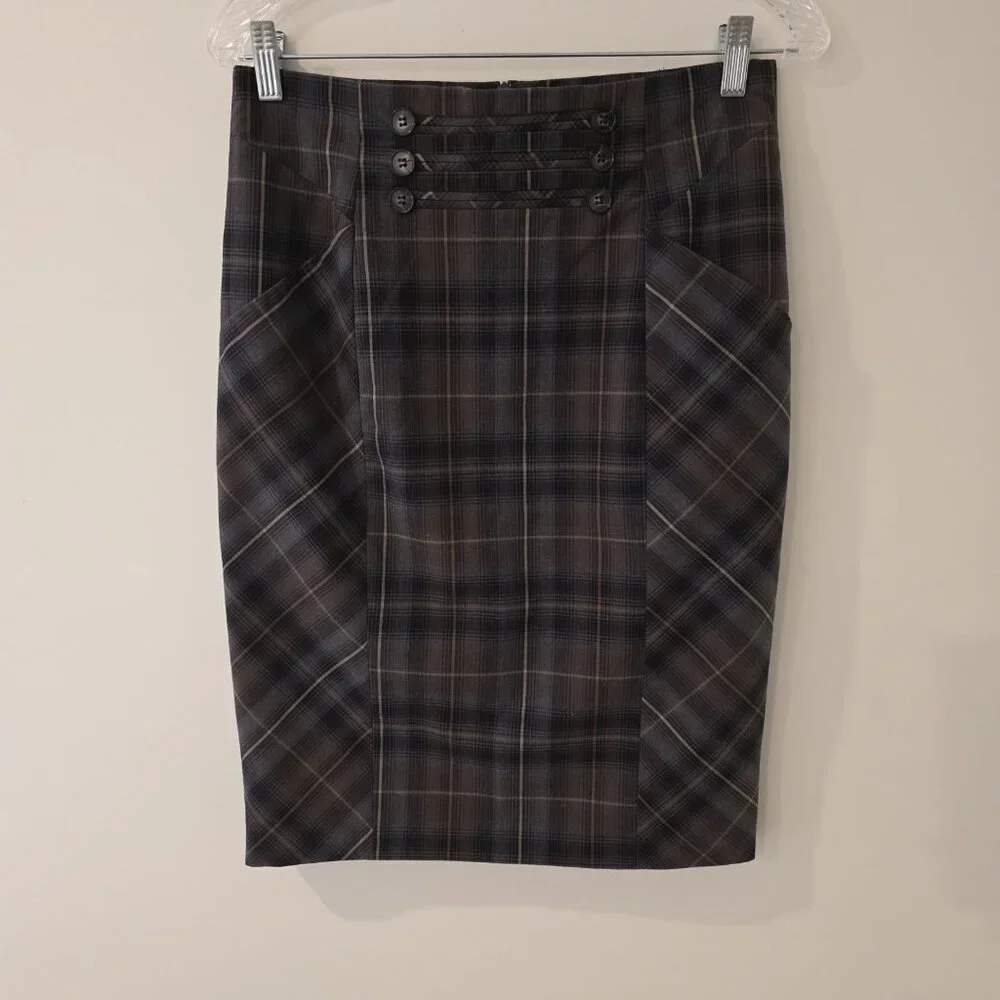 Katherine Barclay Skirt Pencil Straight Cut Black Brown Plaid Pockets Lined Sz 4
